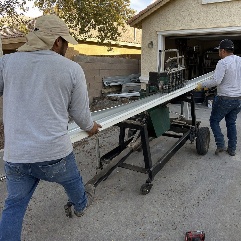 Roofers using a gutter machine for custom gutter fabrication.
