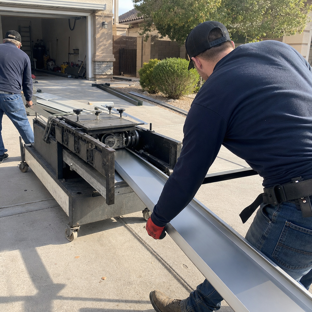 Worker uses gutter rolling machine to create metal gutter section for roofing.