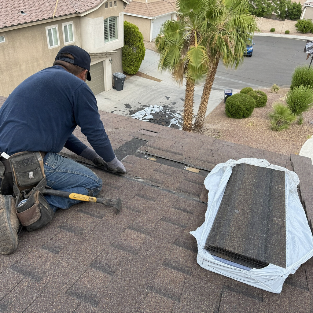 Roofer repairing damaged shingles on a residential roof.