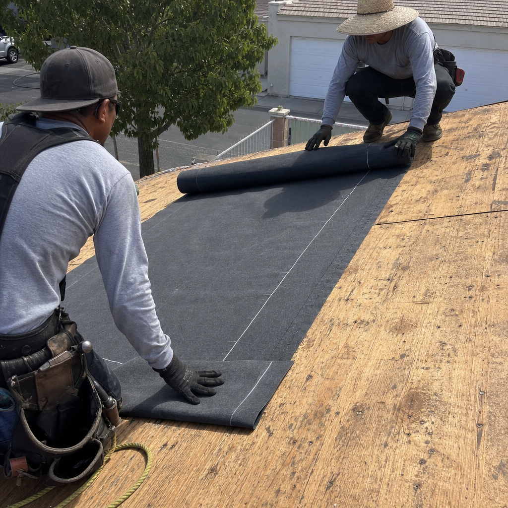 Roofers install dark underlayment on a wooden roof deck