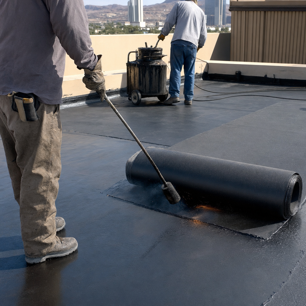 Roofers installing waterproof membrane with torch on flat roof