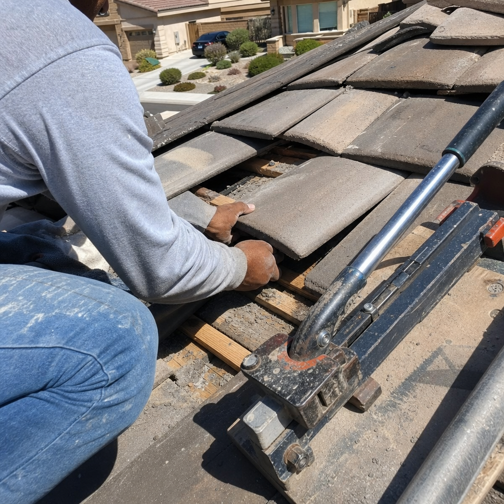 Roofer using specialty tile cutting tool on a residential roof