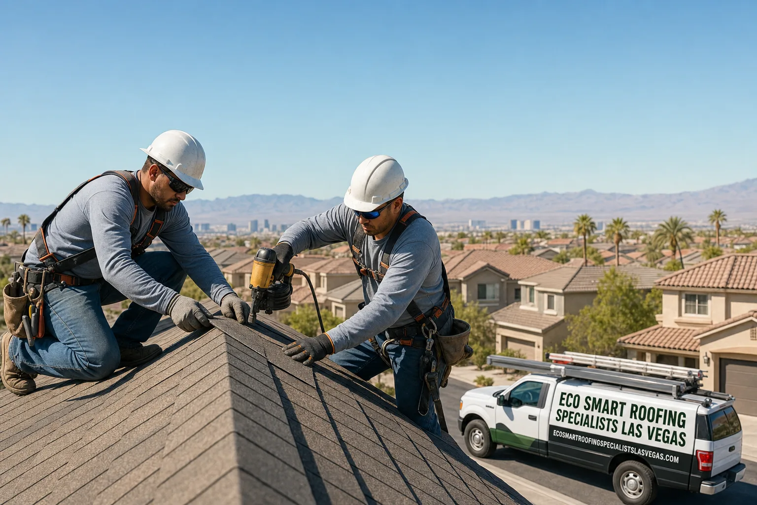 Eco Smart Roofing Specialists Las Vegas service vehicle and crew in Las Vegas, NV